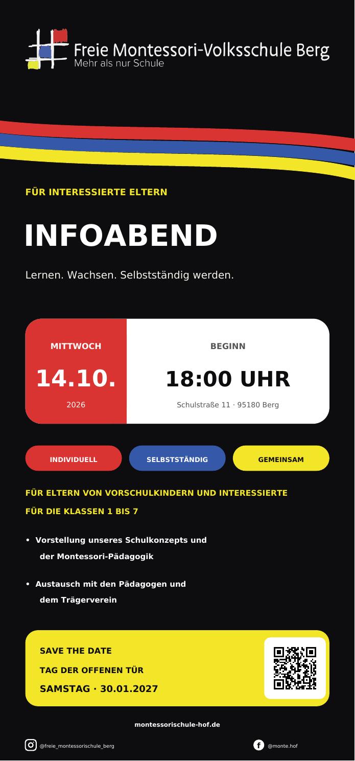 Flyer zum Infoabend der Freien Montessori-Volksschule Berg am 14. Oktober 2026 um 18 Uhr
