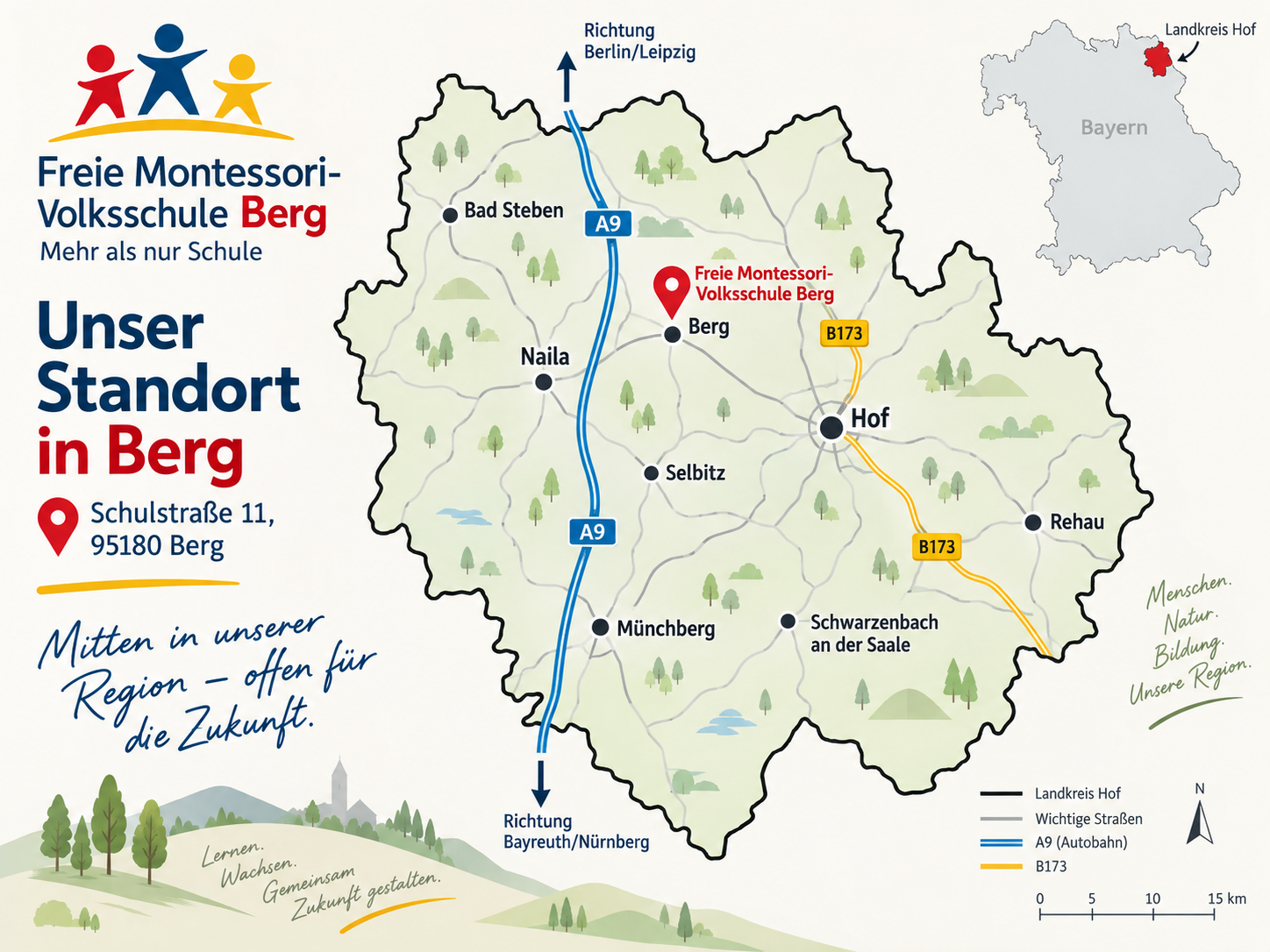 Stilisierte Standortkarte der Freien Montessori-Volksschule Berg im Landkreis Hof